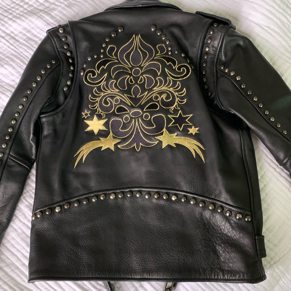 Studded Black Leather Jacket with Gold Embroidery